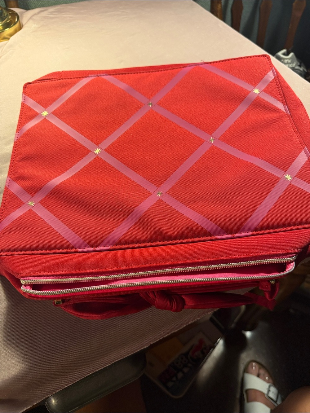 Estee Lauder Red Cosmetic Bag with Pink Lattice and Gold Star Details